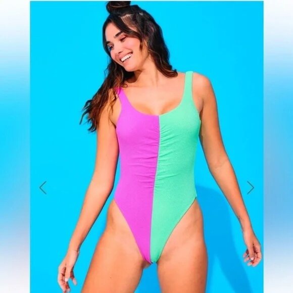 Terez Pink and Green Color-Block One Piece Swimsuit Textured Size XS NWT - Picture 1 of 6